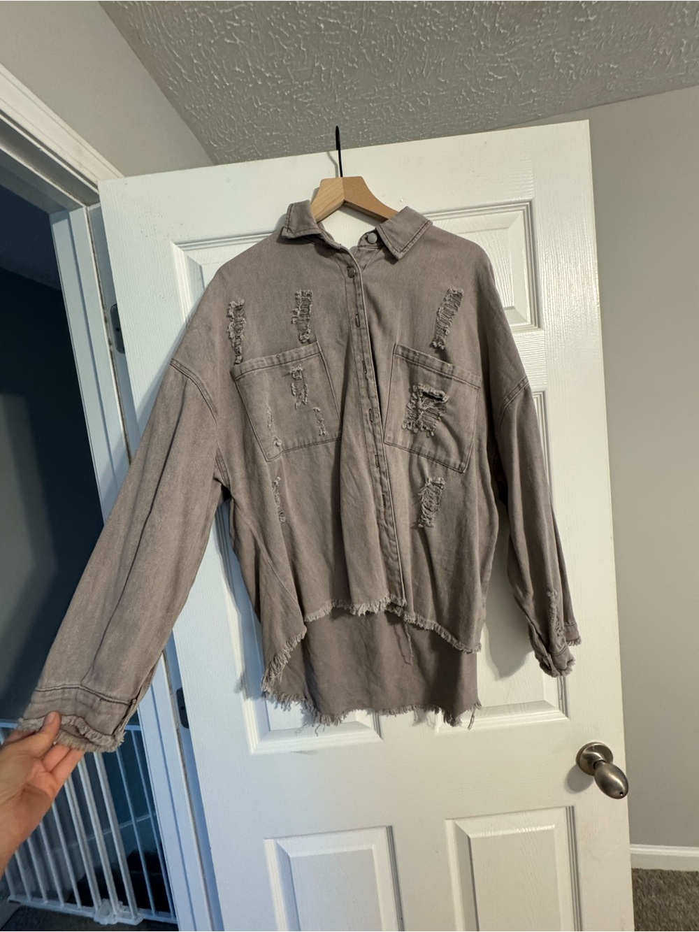 Distressed Oversized Button-Up Shirt Jacket in Washed Gray Purple